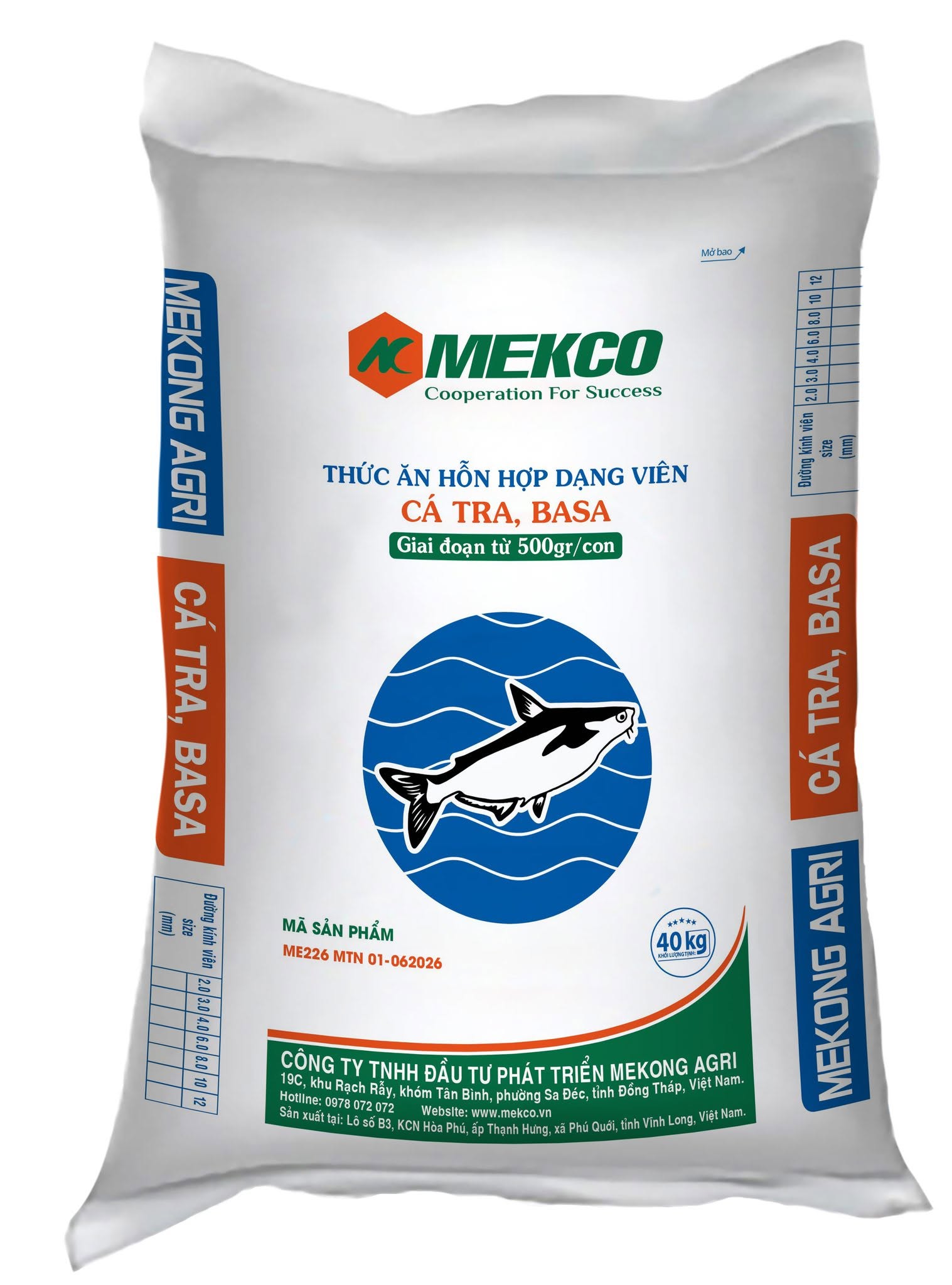 Thức ăn hỗn hợp dạng viên nuôi cá tra thịt Mekong Agri Mekco độ đạm 26 phần trăm